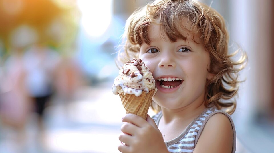 ژست عکس کودک در تابستان: لذت خوردن بستنی قیفی