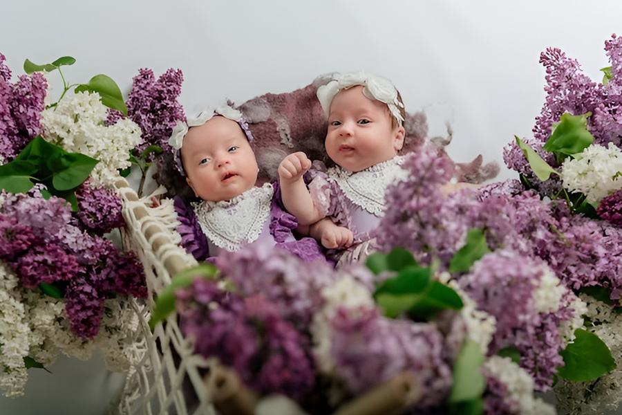 ژست عکس نوزاد دوقلو در میان گل‌ها