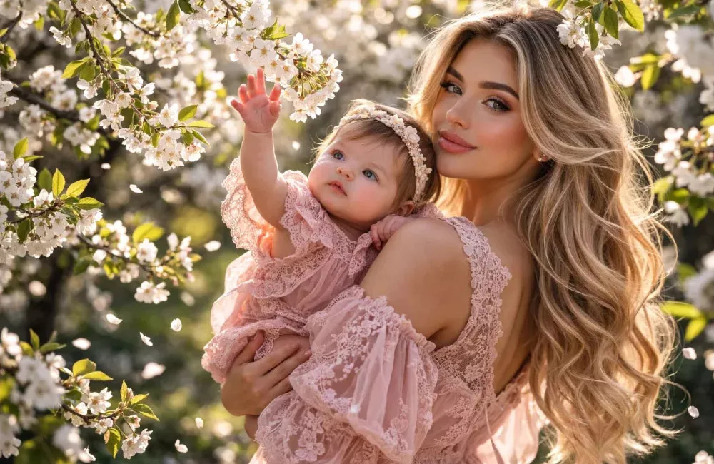 نوزاد در حال تلاش برای گرفتن شاخه شکوفه