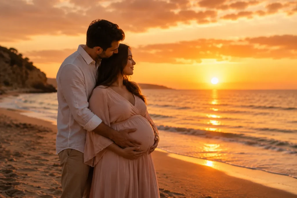 ژست عکس بارداری آغوش عاشقانه کنار دریا