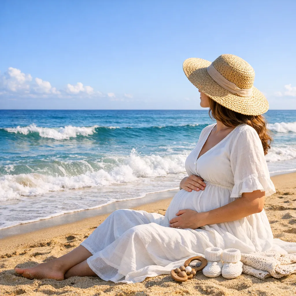 ژست عکس بارداری نشستن روی ساحل و لمس شکم
